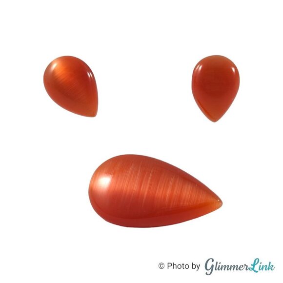 Cat's Eye Orange Glass Teardrop Gold Tone Brooch Earrings Jewelry Set - Picture 2 of 10